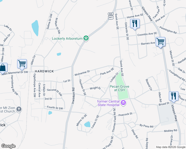map of restaurants, bars, coffee shops, grocery stores, and more near 128 Park Avenue Southeast in Milledgeville