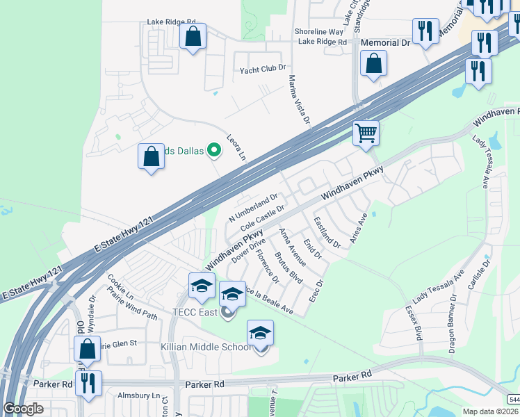 map of restaurants, bars, coffee shops, grocery stores, and more near 2800 North Umberland Drive in Lewisville