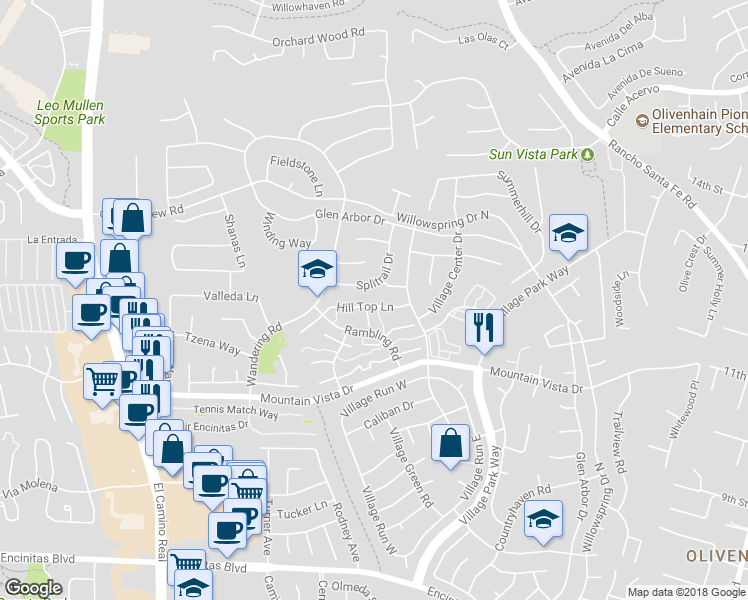 map of restaurants, bars, coffee shops, grocery stores, and more near 1816 Hill Top Lane in Encinitas