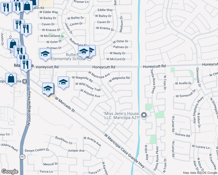 map of restaurants, bars, coffee shops, grocery stores, and more near 19384 North Lousandra Drive in Maricopa