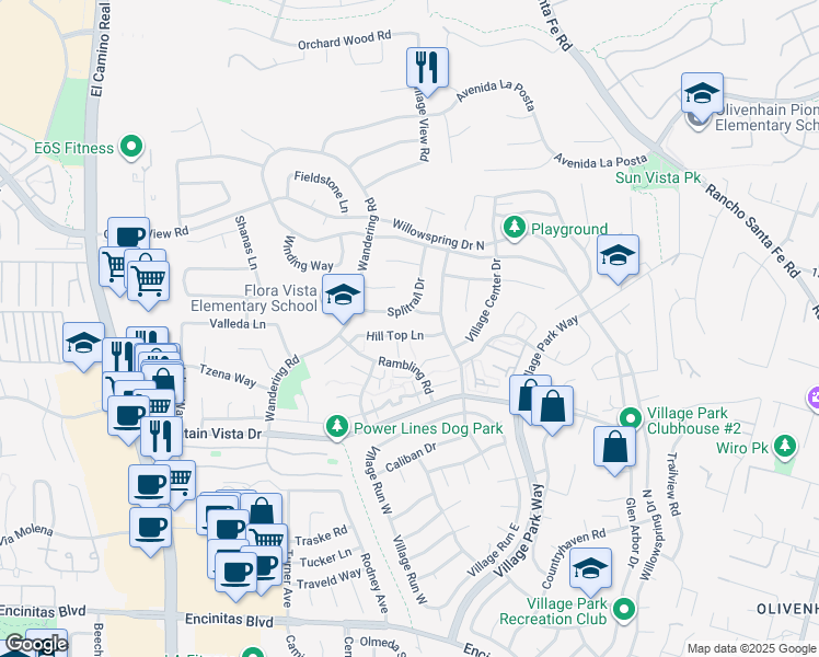 map of restaurants, bars, coffee shops, grocery stores, and more near 1816 Hill Top Lane in Encinitas