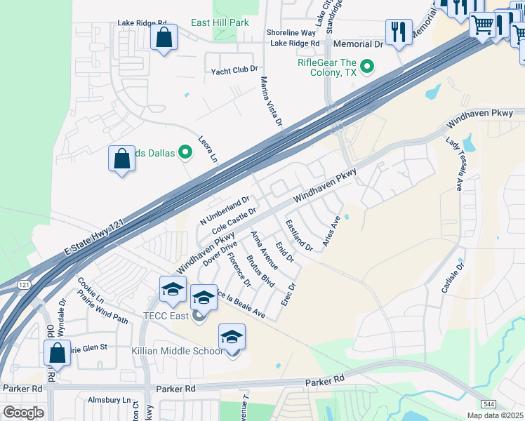 map of restaurants, bars, coffee shops, grocery stores, and more near 2913 Cole Castle Drive in Lewisville