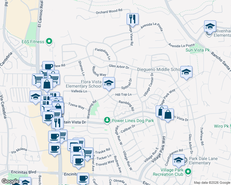 map of restaurants, bars, coffee shops, grocery stores, and more near 1736 Hill Top Lane in Encinitas