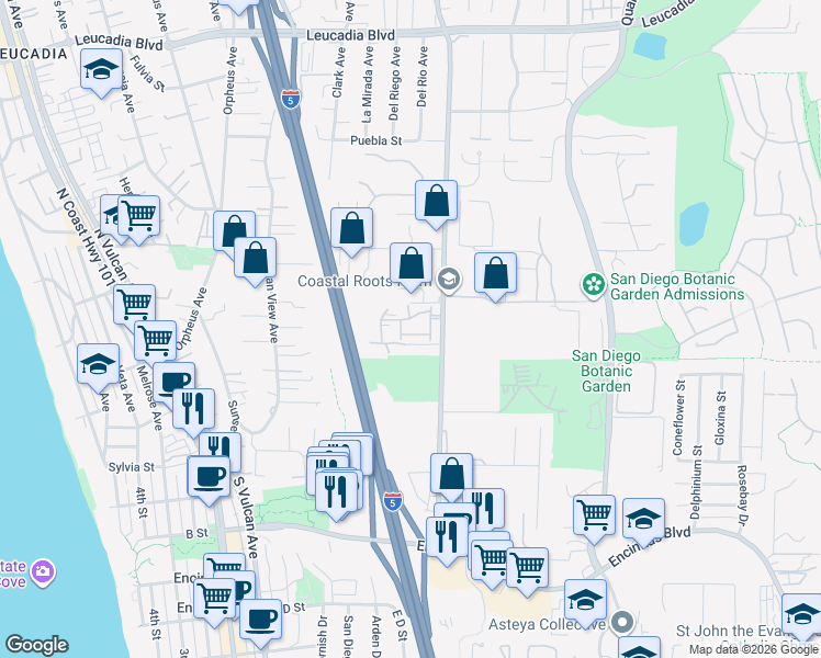 map of restaurants, bars, coffee shops, grocery stores, and more near 558 Sweet Pea Place in Encinitas