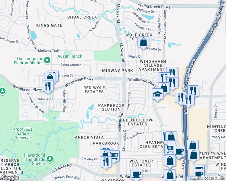 map of restaurants, bars, coffee shops, grocery stores, and more near 6421 Berwyn Drive in Plano