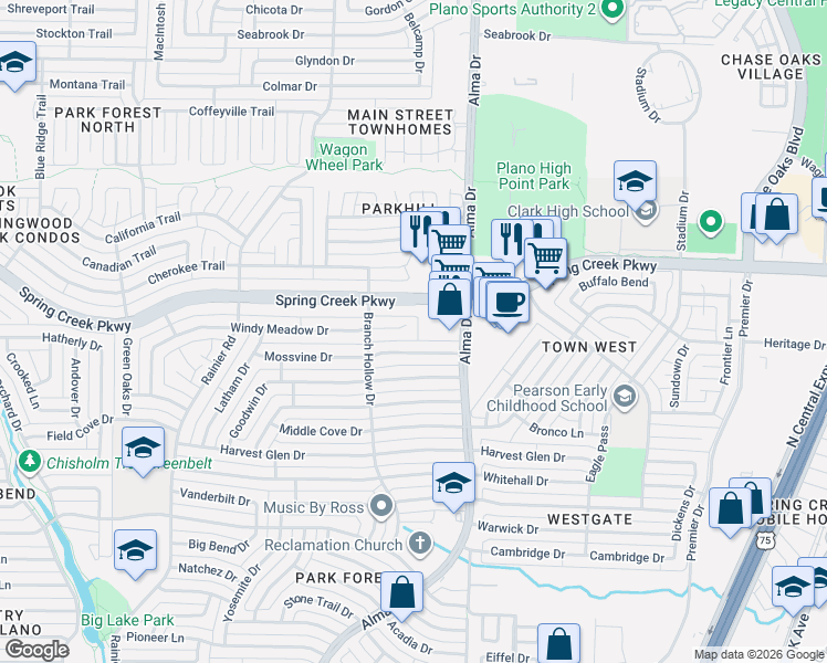map of restaurants, bars, coffee shops, grocery stores, and more near 940 Windy Meadow Drive in Plano