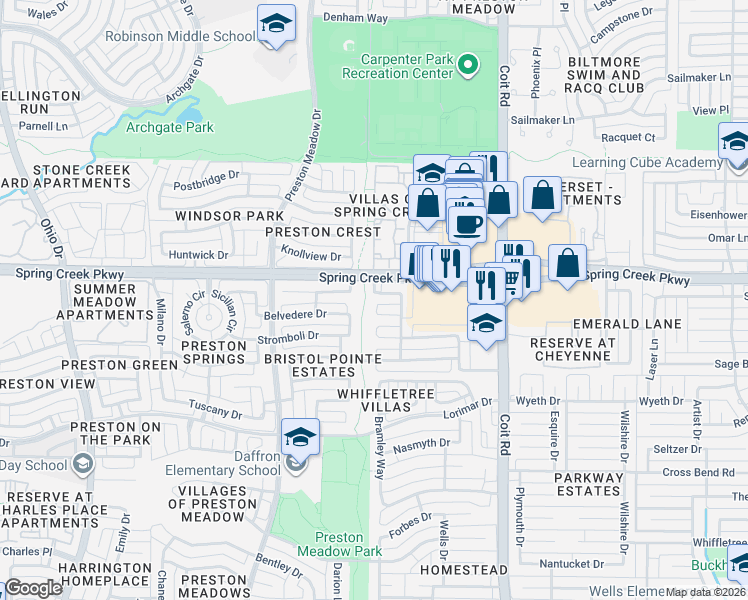 map of restaurants, bars, coffee shops, grocery stores, and more near 4244 Winding Brook Drive in Plano