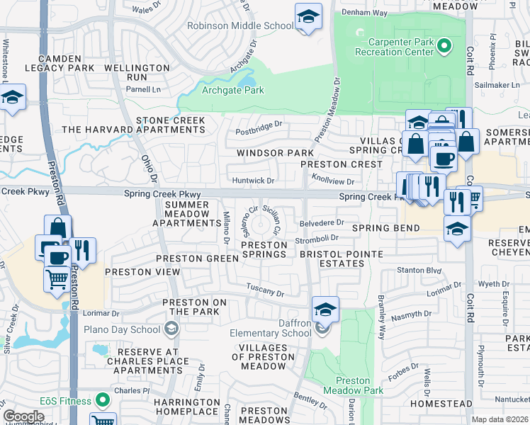 map of restaurants, bars, coffee shops, grocery stores, and more near 5908 Porto Fino Drive in Plano