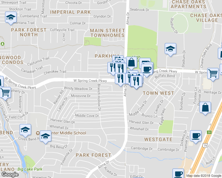 map of restaurants, bars, coffee shops, grocery stores, and more near 940 Windy Meadow Drive in Plano