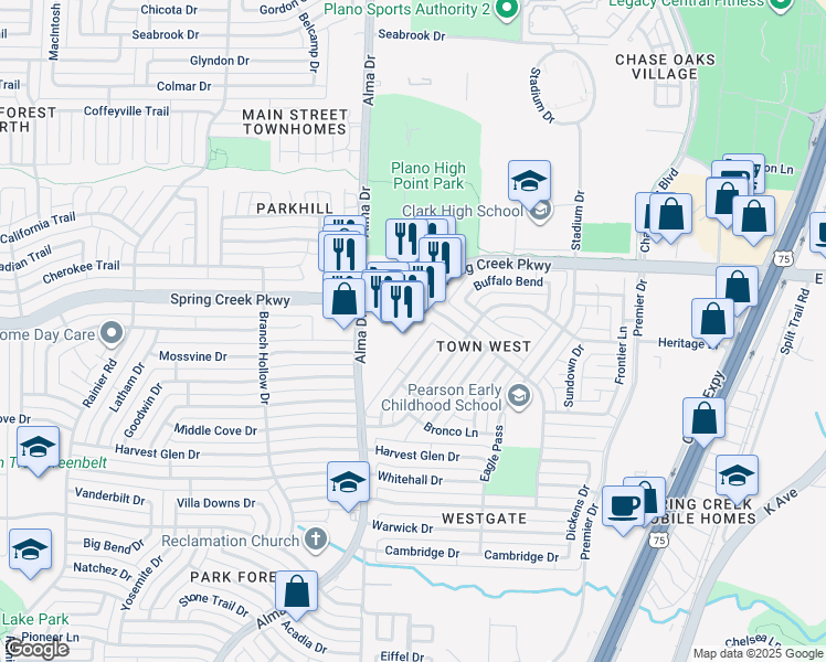 map of restaurants, bars, coffee shops, grocery stores, and more near 804 West Spring Creek Parkway in Plano