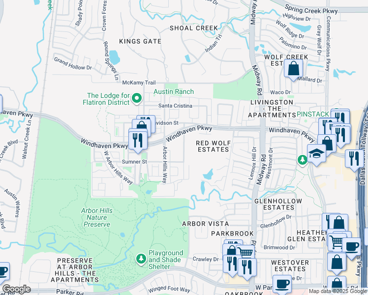 map of restaurants, bars, coffee shops, grocery stores, and more near Stag's Leap Drive in The Colony