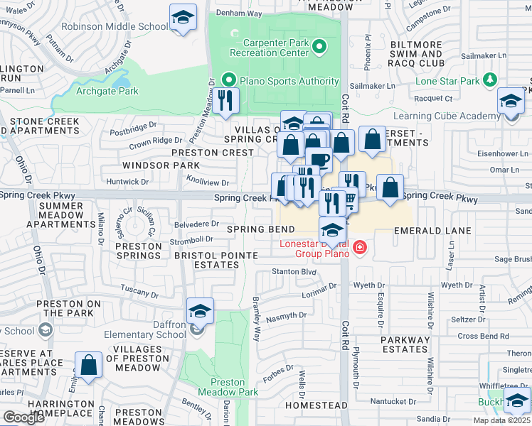 map of restaurants, bars, coffee shops, grocery stores, and more near 4236 Winding Brook Drive in Plano