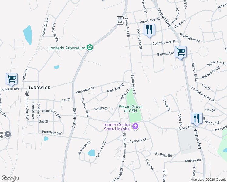 map of restaurants, bars, coffee shops, grocery stores, and more near 138 Park Avenue in Milledgeville