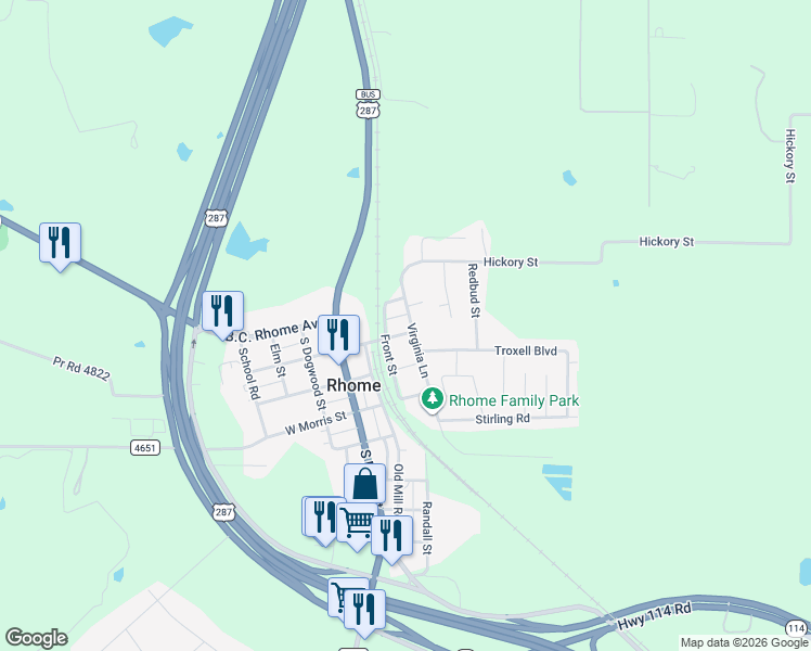 map of restaurants, bars, coffee shops, grocery stores, and more near 289 East 2nd Street in Rhome