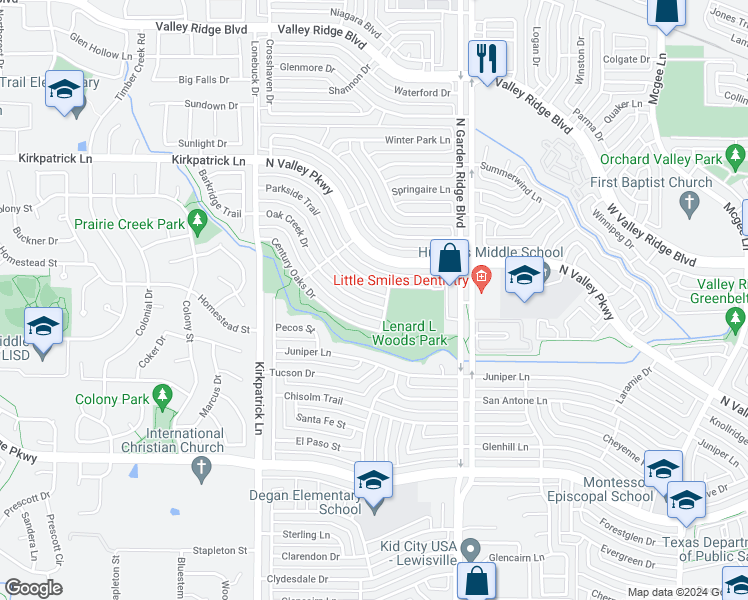 map of restaurants, bars, coffee shops, grocery stores, and more near 1529 Oak Creek Drive in Lewisville