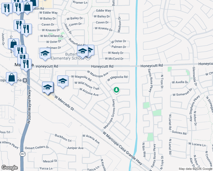 map of restaurants, bars, coffee shops, grocery stores, and more near 19384 North Lousandra Drive in Maricopa