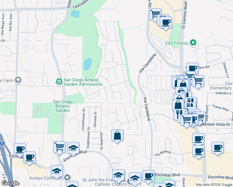 map of restaurants, bars, coffee shops, grocery stores, and more near 546 Verbena Court in Encinitas