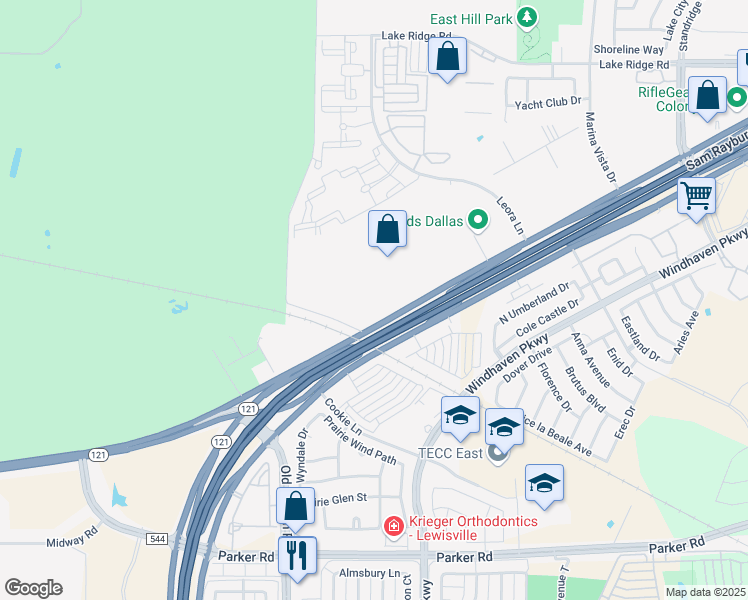 map of restaurants, bars, coffee shops, grocery stores, and more near 2525 East State Highway 121 in Lewisville