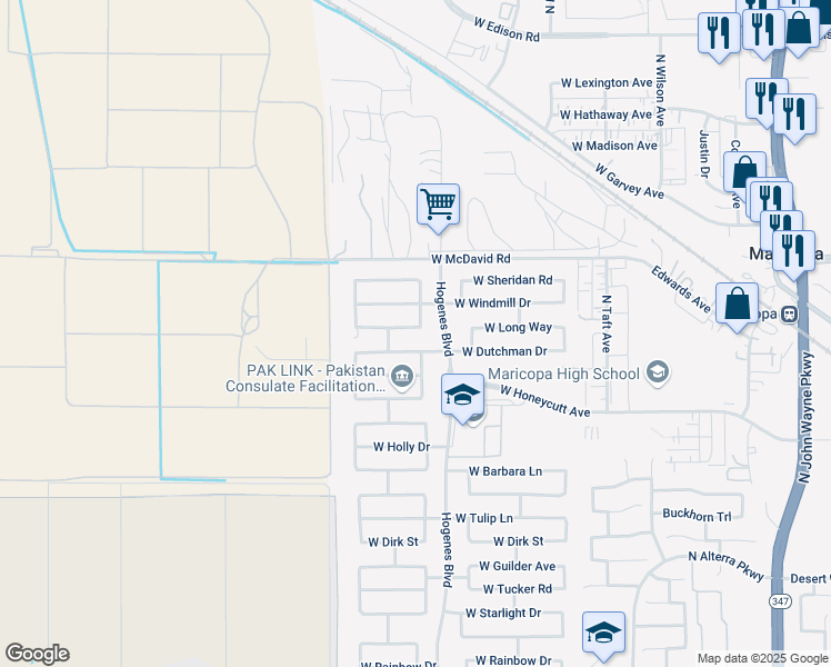 map of restaurants, bars, coffee shops, grocery stores, and more near 45989 West Long Way in Maricopa