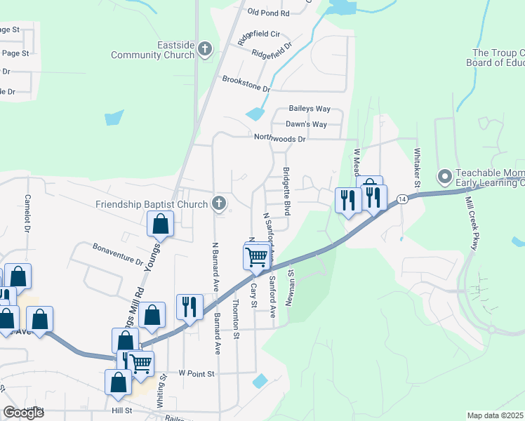 map of restaurants, bars, coffee shops, grocery stores, and more near 305 Sanford Avenue in LaGrange