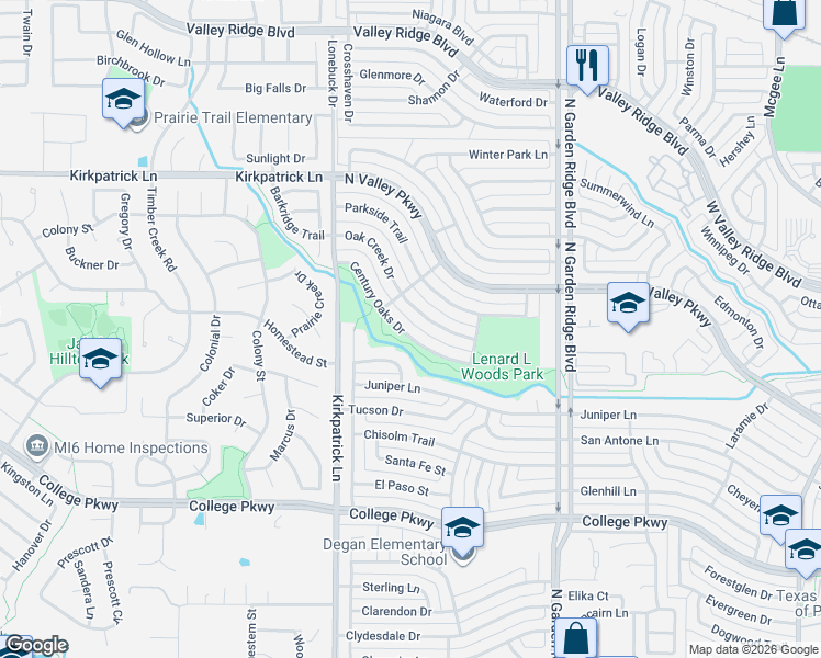 map of restaurants, bars, coffee shops, grocery stores, and more near 1554 Oak Creek Drive in Lewisville