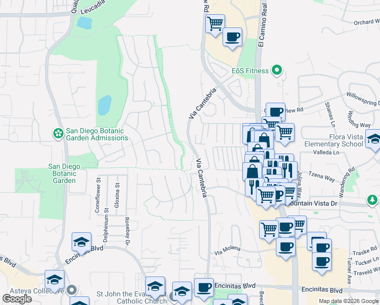 map of restaurants, bars, coffee shops, grocery stores, and more near 597 Via Cantebria in Encinitas