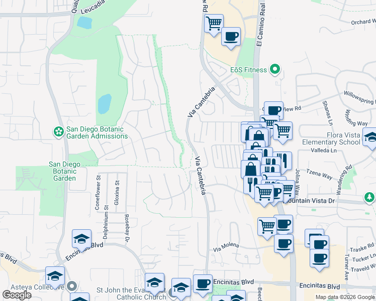 map of restaurants, bars, coffee shops, grocery stores, and more near 597 Via Cantebria in Encinitas