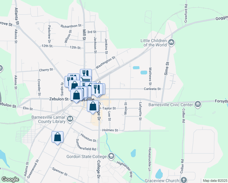 map of restaurants, bars, coffee shops, grocery stores, and more near 303 Carleeta Street in Barnesville