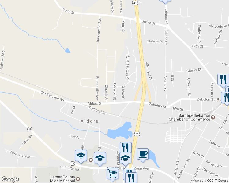 map of restaurants, bars, coffee shops, grocery stores, and more near 118 Johnson Street in Barnesville