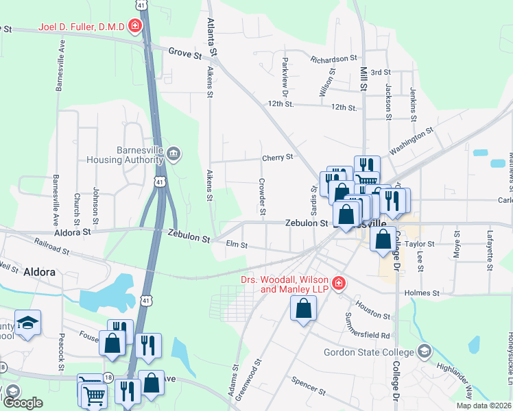 map of restaurants, bars, coffee shops, grocery stores, and more near 158 Crowder Street in Barnesville