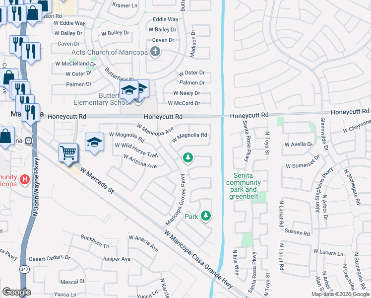 map of restaurants, bars, coffee shops, grocery stores, and more near 43347 West Wild Horse Trail in Maricopa