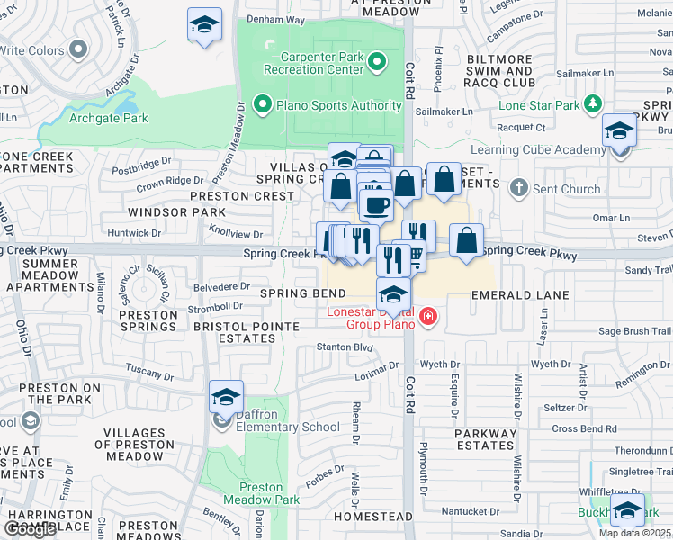 map of restaurants, bars, coffee shops, grocery stores, and more near 4160 West Spring Creek Parkway in Plano