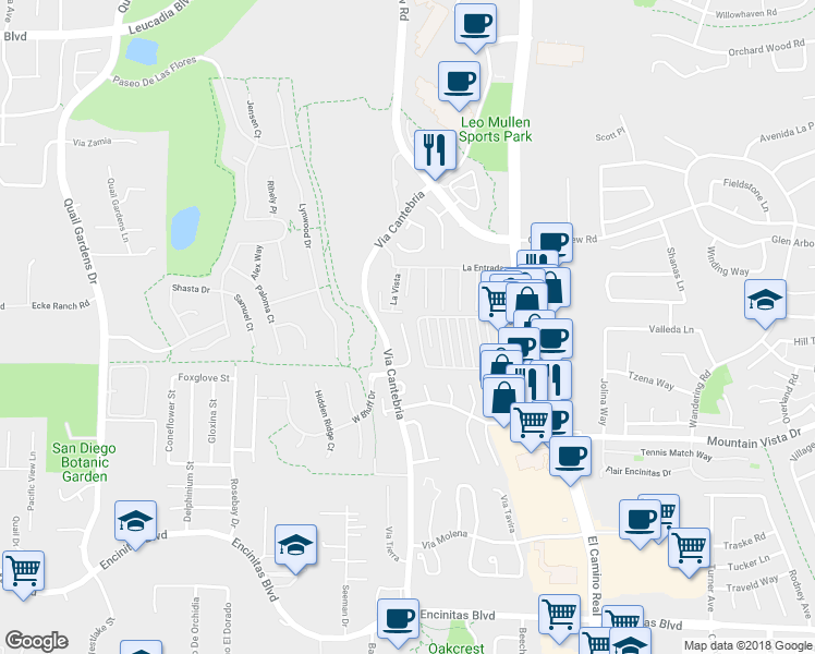 map of restaurants, bars, coffee shops, grocery stores, and more near 567 Forrest Bluff in Encinitas