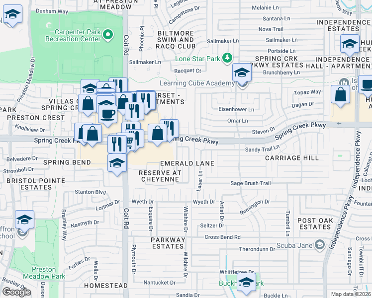map of restaurants, bars, coffee shops, grocery stores, and more near 5309 Bixby Drive in Plano