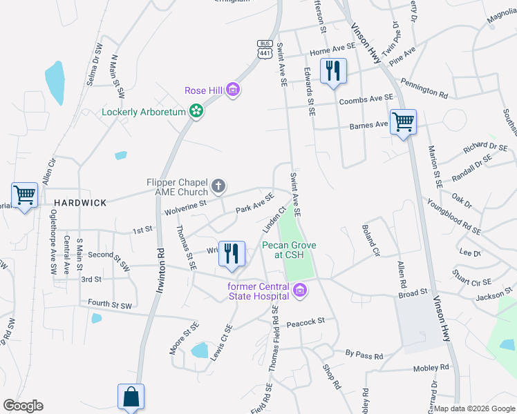 map of restaurants, bars, coffee shops, grocery stores, and more near 151 Park Avenue Southeast in Milledgeville