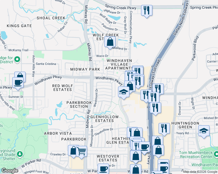 map of restaurants, bars, coffee shops, grocery stores, and more near 6301 Courtland Drive in Plano