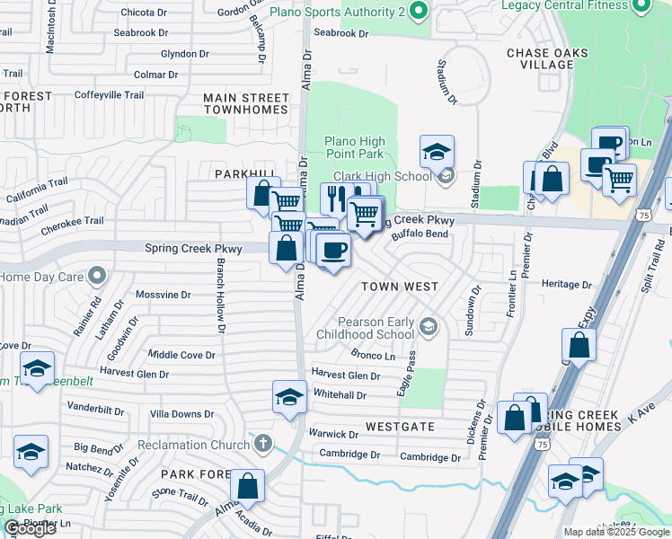 map of restaurants, bars, coffee shops, grocery stores, and more near 804 West Spring Creek Parkway in Plano