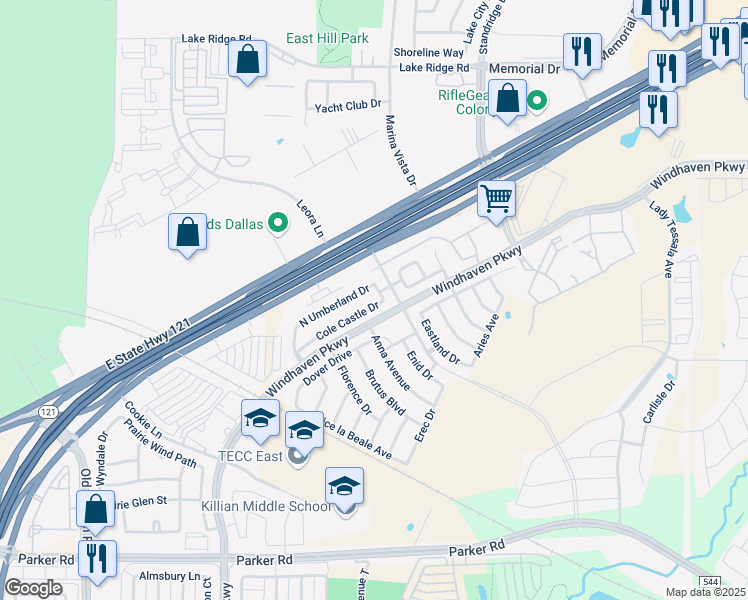 map of restaurants, bars, coffee shops, grocery stores, and more near 2913 Cole Castle Drive in The Colony