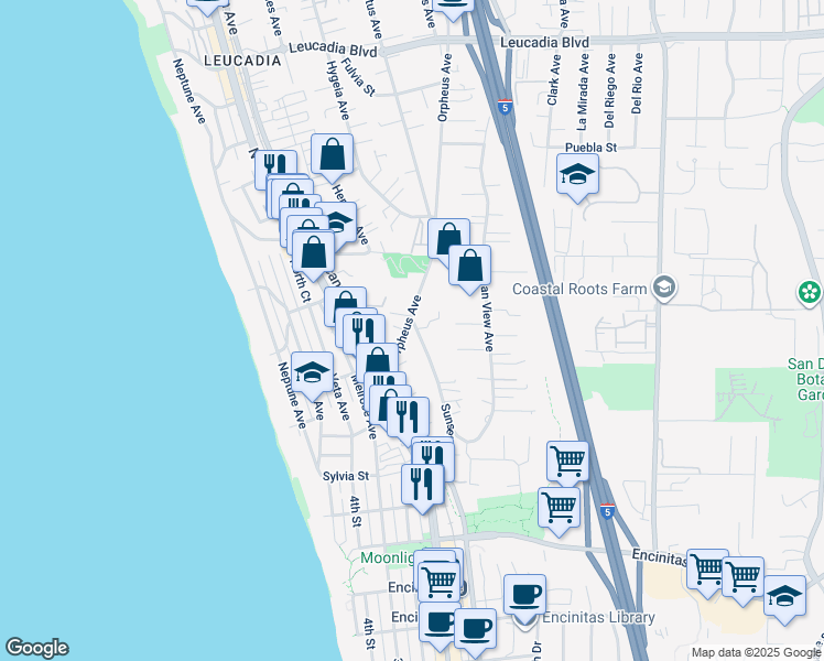 map of restaurants, bars, coffee shops, grocery stores, and more near 362 Orpheus Avenue in Encinitas