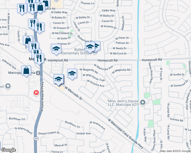 map of restaurants, bars, coffee shops, grocery stores, and more near 43752 West Wild Horse Trail in Maricopa