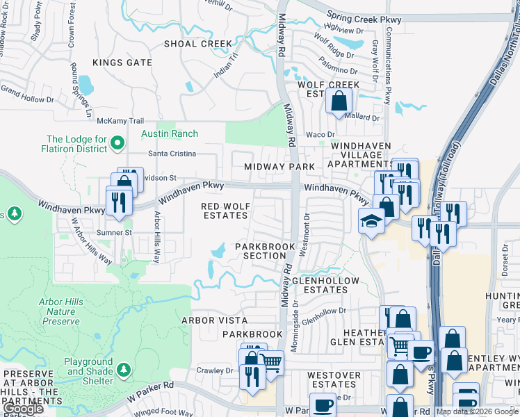 map of restaurants, bars, coffee shops, grocery stores, and more near 6421 Berwyn Drive in Plano
