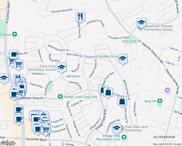 map of restaurants, bars, coffee shops, grocery stores, and more near 418 Village Center Drive in Encinitas