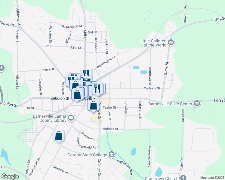map of restaurants, bars, coffee shops, grocery stores, and more near 303 Carleeta Street in Barnesville