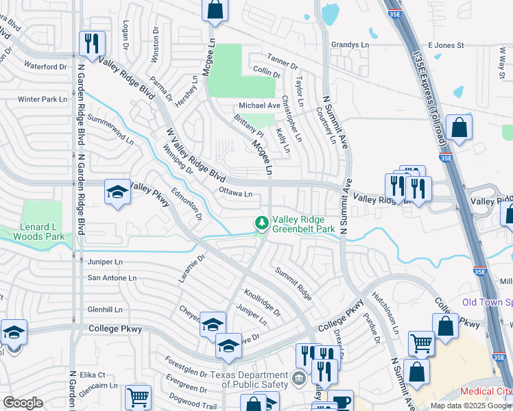 map of restaurants, bars, coffee shops, grocery stores, and more near 1205 Winnipeg Drive in Lewisville