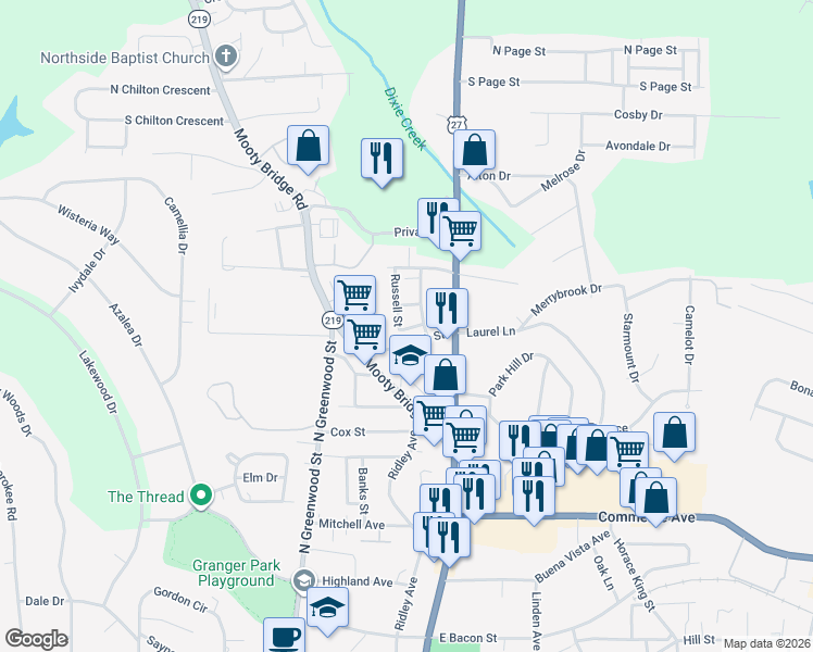 map of restaurants, bars, coffee shops, grocery stores, and more near 106 Russell Street in LaGrange