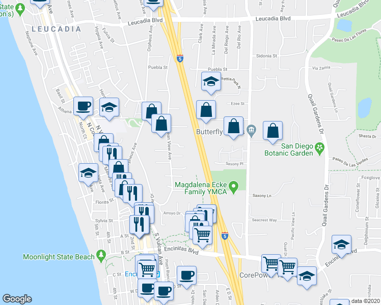 map of restaurants, bars, coffee shops, grocery stores, and more near 444 Alviso Way in Encinitas