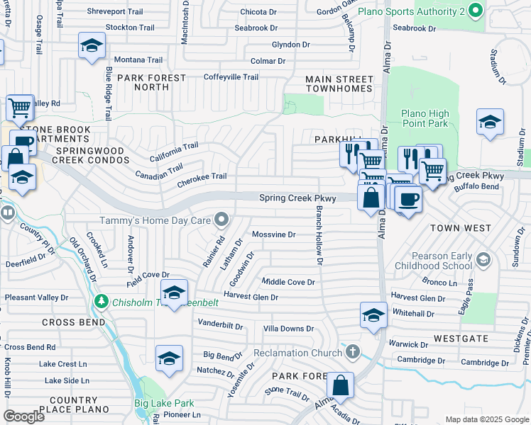 map of restaurants, bars, coffee shops, grocery stores, and more near 1309 Windy Meadow Drive in Plano