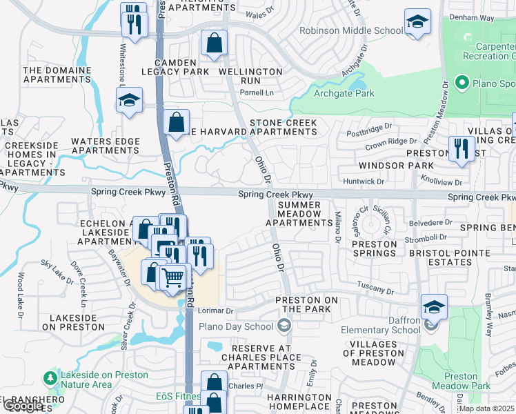map of restaurants, bars, coffee shops, grocery stores, and more near 4708 W Spring Creek Pkwy in Plano