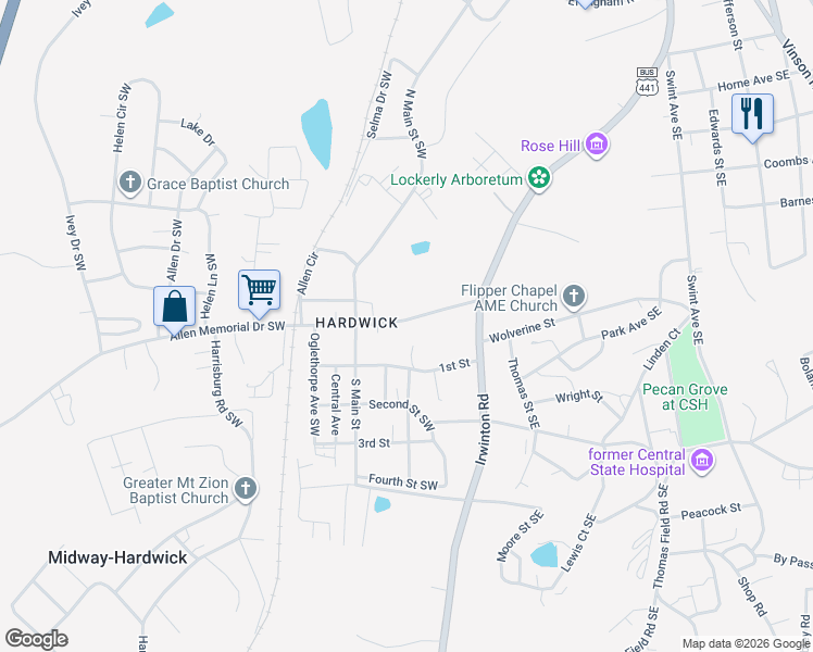 map of restaurants, bars, coffee shops, grocery stores, and more near 393 Allen Memorial Drive in Milledgeville
