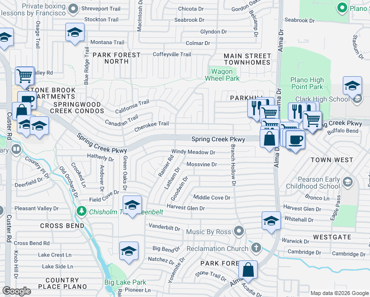 map of restaurants, bars, coffee shops, grocery stores, and more near 1409 Windy Meadow Drive in Plano